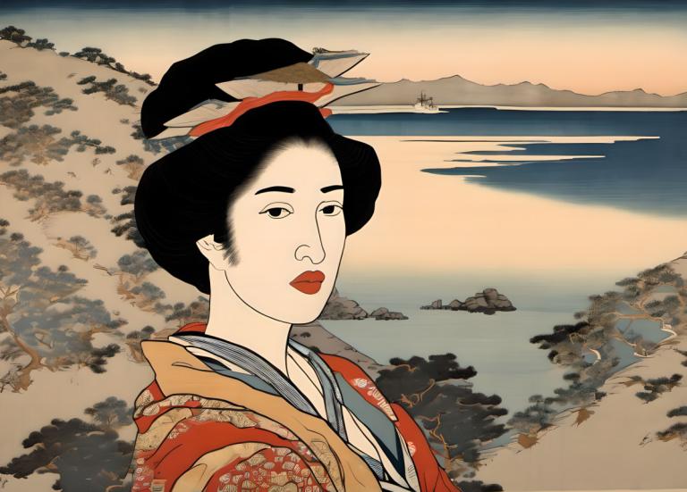 Ukiyo-E,Ukiyo-E, People, woman, 1girl, solo, japanese clothes, black hair, fine art parody, kimono, lipstick