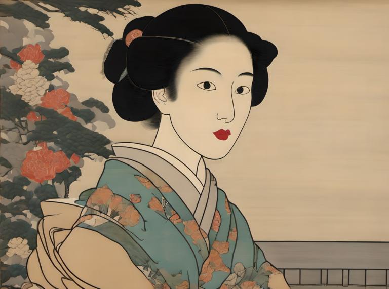 Ukiyo-E,Ukiyo-E, Mennesker, kvinne, 1 jente, solo, japanske klær, kimono, svart hår, leppestift, sminke