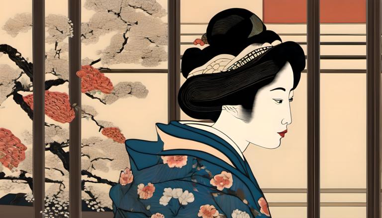 Ukiyo-E,Ukiyo-E, People, woman, 1girl, solo, japanese clothes, black hair, kimono, lipstick, red lips, flower