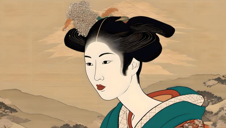 Ukiyo-E,Ukiyo-E, Ihmiset, nainen, 1 tyttö, yksin, mustat hiukset, kuvataideparodia, japanilaisia ​​vaatteita