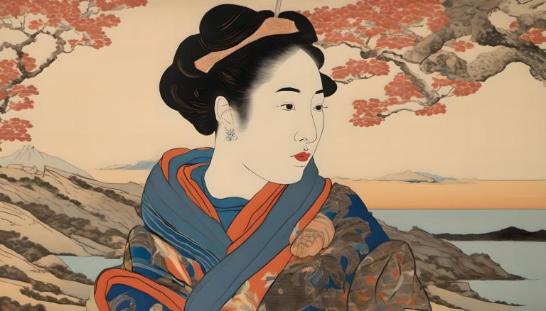 Ukiyo-E,Ukiyo-E, Mennesker, kvinne, 1 jente, solo, svart hår, smykker, øredobber, svarte øyne, overkroppen