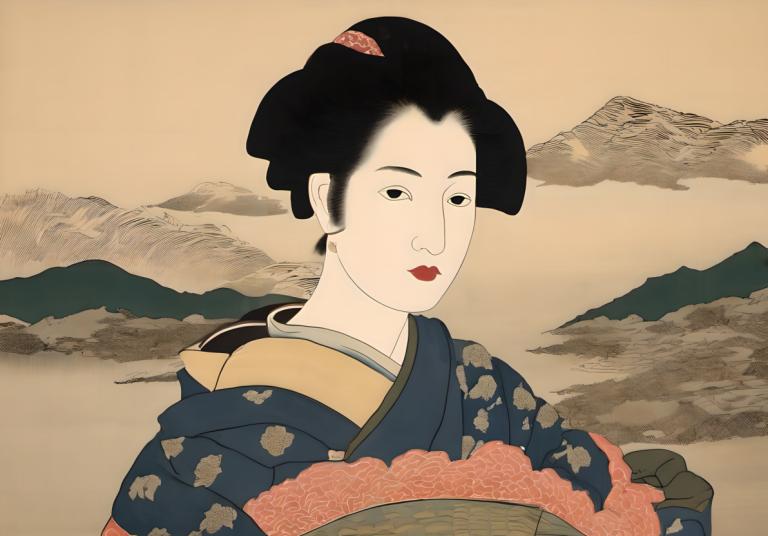 Ukiyo-E,Ukiyo-E, Menschen, Frau, 1Mädchen, Solo, japanische Kleidung, schwarzes Haar, Kimono, Kunstparodie