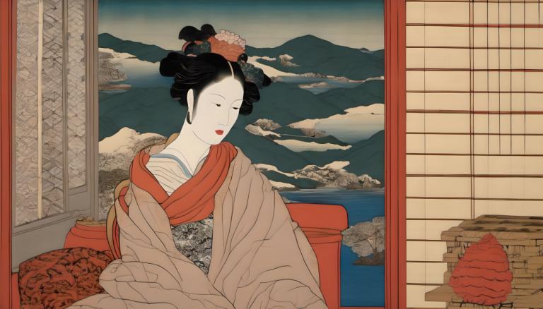 Ukiyo-E,Ukiyo-E, Mennesker, kvinne, 1 jente, solo, svart hår, røde lepper, lukkede øyne, hårpynt