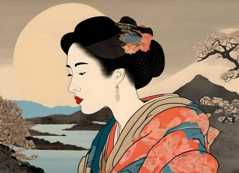 Ukiyo-E,Ukiyo-E, Ljudje, ženska, 1 dekle, solo, Črni lasje, japonska oblačila, nakit, uhani, kimono, šminka