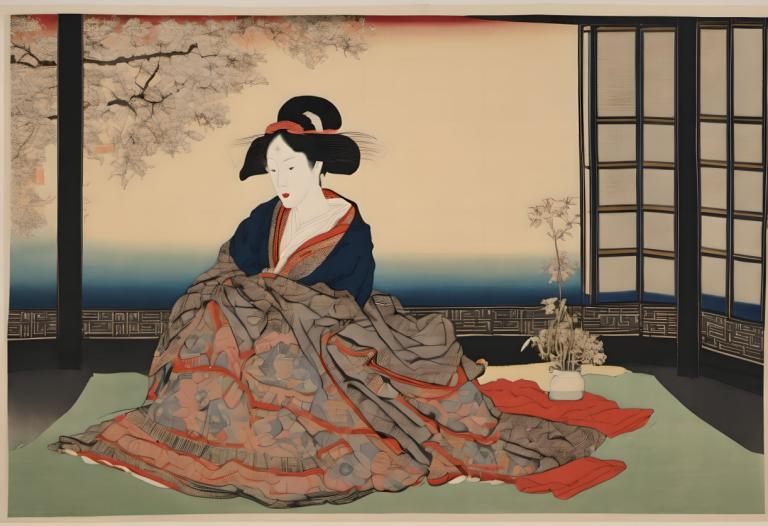 Ukiyo-E,Ukiyo-E, People, woman, 1girl, solo, black hair, japanese clothes, red lips, kimono, indoors, sitting