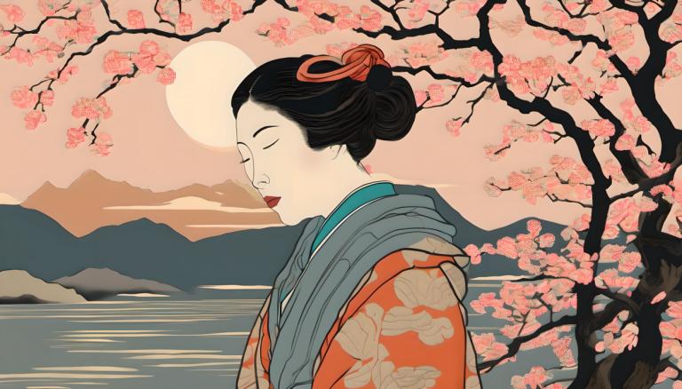 Ukiyo-E,Ukiyo-E, Mensen, vrouw, 1meisje, solo, gesloten ogen, zwart haar, Japanse kleding, roze bloem