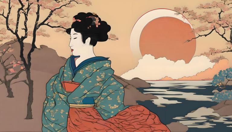 Ukiyo-E,Ukiyo-E, People, woman, 1girl, solo, black hair, japanese clothes, tree, closed eyes, kimono, cloud