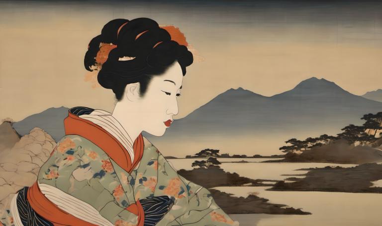 Ukiyo-E,Ukiyo-E, Ljudje, ženska, 1 dekle, japonska oblačila, solo, likovna parodija, kimono, Črni lasje