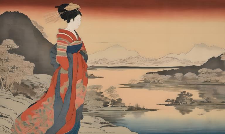 Ukiyo-E,Ukiyo-E, Mennesker, kvinde, 1 pige, solo, japansk tøj, kimono, sort hår, bjerg, hårpynt, flod, sø