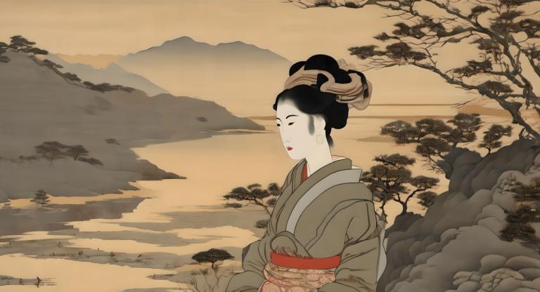 Ukiyo-E,Ukiyo-E, İnsanlar, kadın, 1kız, solo, japon giysileri, siyah saç, kimono, dağ, ağaç, kuşak