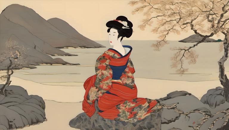 Ukiyo-E,Ukiyo-E, Ljudje, ženska, 1 dekle, likovna parodija, japonska oblačila, solo, kimono, Črni lasje