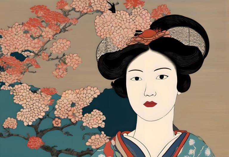 Ukiyo-E,Ukiyo-E, İnsanlar, kadın, 1kız, solo, japon giysileri, siyah saç, kimono, ruj, çiçek