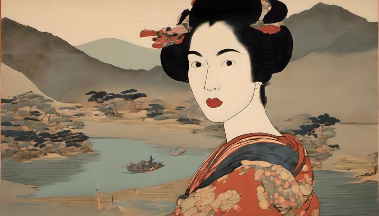 Ukiyo-E,Ukiyo-E, Gente, mujer, 1 chica, solo, ropa japonesa, pelo negro, embarcación, kimono, bote