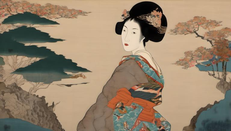 Ukiyo-E,Ukiyo-E, Mennesker, kvinde, 1 pige, japansk tøj, solo, kimono, sort hår, hårpynt, læbestift