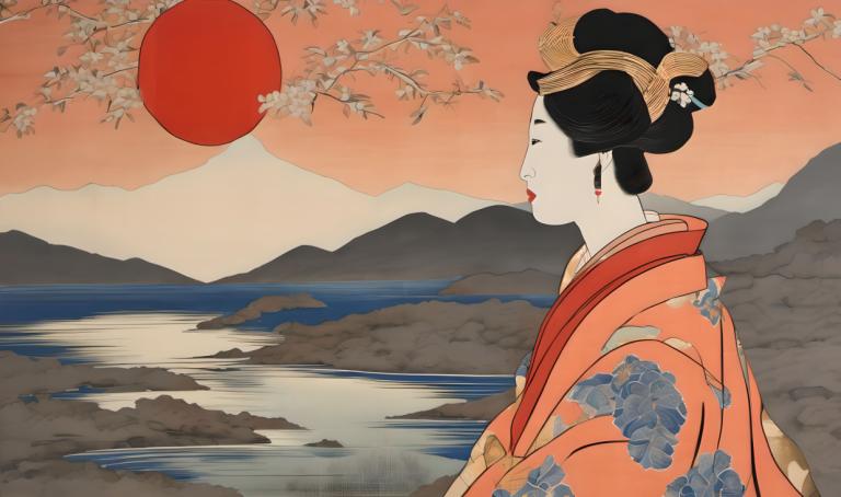 Ukiyo-E,Ukiyo-E, Gente, mujer, 1 chica, solo, ropa japonesa, kimono, pelo negro, adorno para el pelo