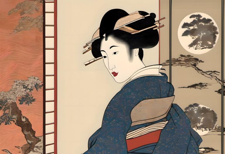 Ukiyo-E,Ukiyo-E, People, woman, 1girl, japanese clothes, solo, fine art parody, kimono, lipstick, black hair