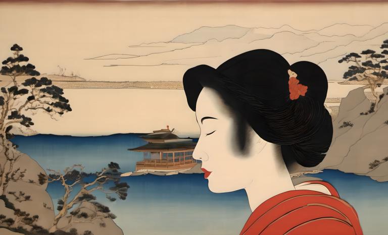 Ukiyo-E,Ukiyo-E, Mennesker, kvinne, 1 jente, svart hår, lukkede øyne, solo, hårpynt, japanske klær, tre