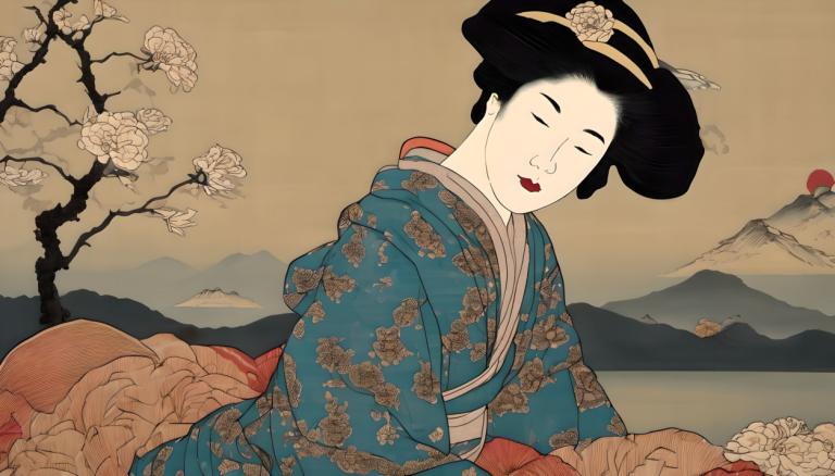 Ukiyo-E,Ukiyo-E, Ljudje, ženska, likovna parodija, 1 dekle, solo, japonska oblačila, Črni lasje, šminka