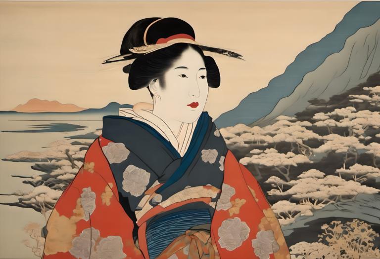 Ukiyo-E,Ukiyo-E, Mennesker, kvinne, 1 jente, japanske klær, solo, kunstparodi, kimono, svart hår, fjell