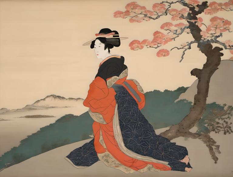 Ukiyo-E,Ukiyo-E, Menschen, Frau, 1Mädchen, Kunstparodie, Solo, japanische Kleidung, Kimono, schwarzes Haar