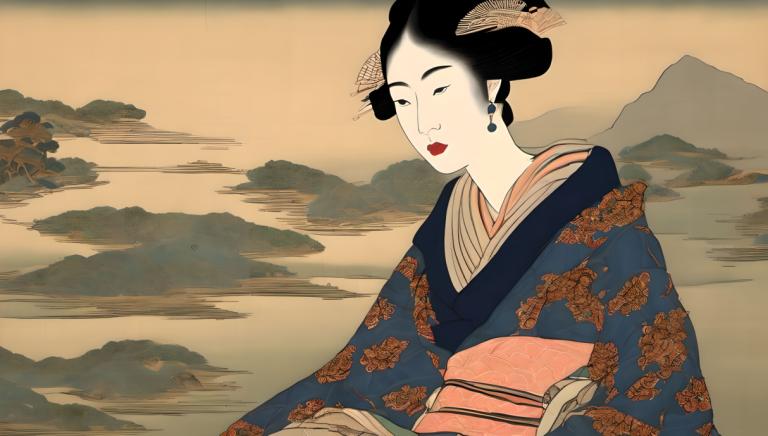 Ukiyo-E,Ukiyo-E, Ihmiset, nainen, 1 tyttö, yksin, japanilaisia ​​vaatteita, kimono, mustat hiukset