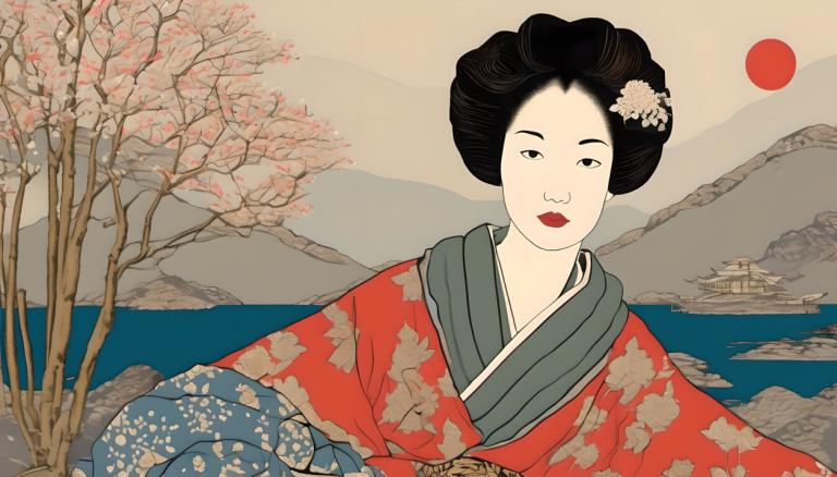 Ukiyo-E,Ukiyo-E, Lidé, žena, 1 dívka, japonské oblečení, sólo, kimono, černé vlasy, rtěnka, ozdoba do vlasů