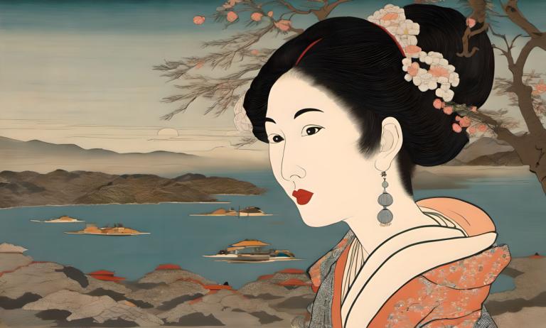 Ukiyo-E,Ukiyo-E, Gente, mujer, 1 chica, solo, joyas, pendientes, pelo negro, adorno para el pelo, flor