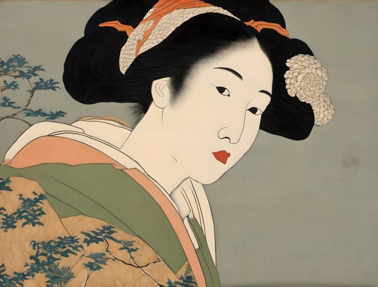 Ukiyo-E,Ukiyo-E, People, woman, 1girl, solo, japanese clothes, kimono, black hair, lipstick, makeup, red lips