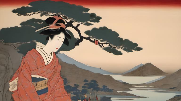 Ukiyo-E,Ukiyo-E, Mennesker, kvinne, 1 jente, japanske klær, kimono, fjell, solo, tre, svart hår, ramme