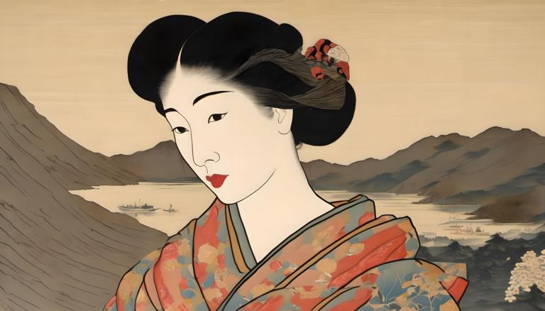 Ukiyo-E,Ukiyo-E, Gente, mujer, 1 chica, solo, ropa japonesa, pelo negro, kimono, labios rojos, lápiz labial