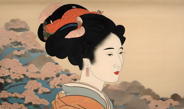 Ukiyo-E,Ukiyo-E, Menschen, Frau, 1Mädchen, Solo, schwarzes Haar, rote Lippen, Ohrringe, Schmuck, Lippenstift