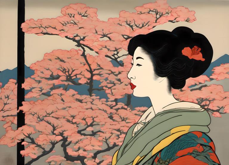 Ukiyo-E,Ukiyo-E, Mennesker, kvinde, 1 pige, solo, japansk tøj, sort hår, kimono, hårpynt, blomst, kunstparodi