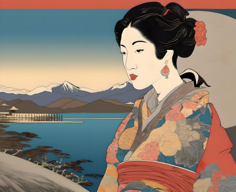 Ukiyo-E,Ukiyo-E, Mennesker, kvinne, 1 jente, solo, svart hår, smykker, japanske klær, øredobber, fjell