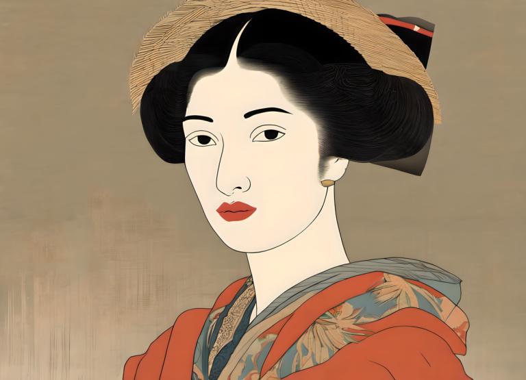 Ukiyo-E,Ukiyo-E, Gente, mujer, 1 chica, solo, sombrero, ropa japonesa, pelo negro, kimono, joyas, pendientes