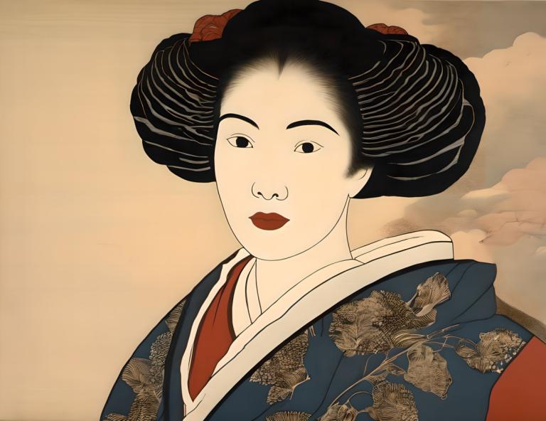 Ukiyo-E,Ukiyo-E, människor, kvinna, 1 tjej, solo, japanska kläder, kimono, svart hår, konstparodi, hårprydnad