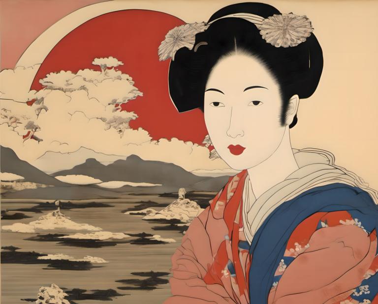 Ukiyo-E,Ukiyo-E, människor, kvinna, 1 tjej, japanska kläder, konstparodi, solo, svart hår, kimono, läppstift