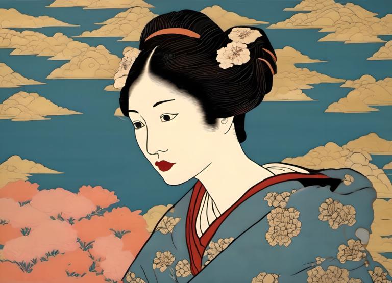 Ukiyo-E,Ukiyo-E, People, woman, 1girl, solo, japanese clothes, black hair, cloud, kimono, hair ornament