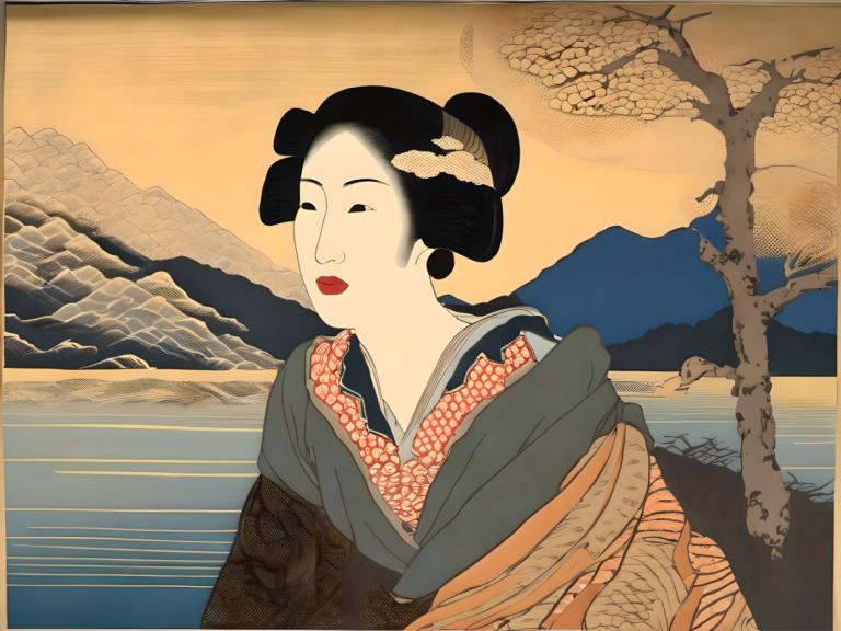 Ukiyo-E,Ukiyo-E, Gente, mujer, 1 chica, parodia de bellas artes, solo, pelo negro, ropa japonesa, kimono