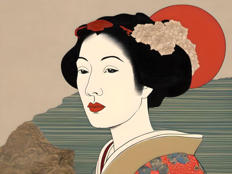 Ukiyo-E,Ukiyo-E, Mennesker, kvinne, 1 jente, solo, kunstparodi, japanske klær, hårpynt, parodi, leppestift