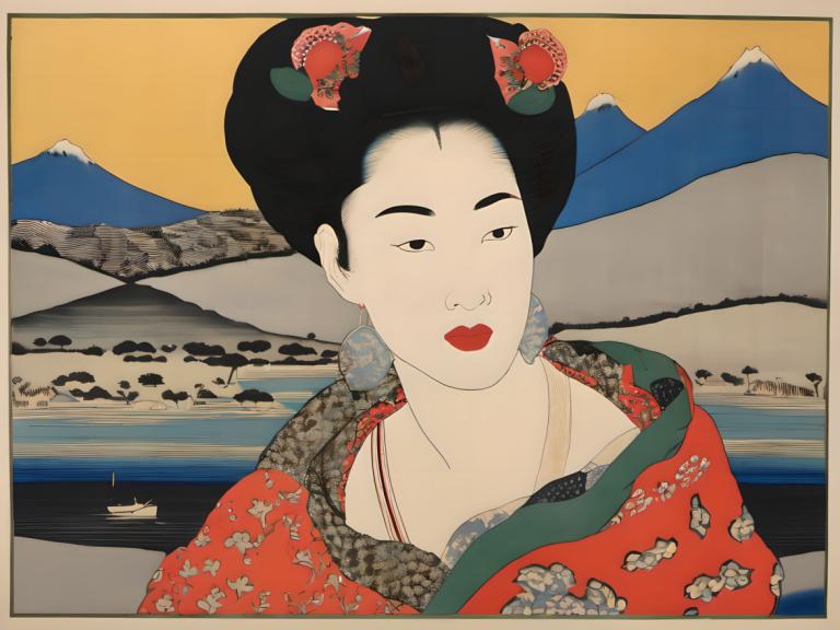 Ukiyo-E,Ukiyo-E, Mennesker, kvinne, 1 jente, kunstparodi, solo, svart hår, japanske klær, hårpynt, fjell