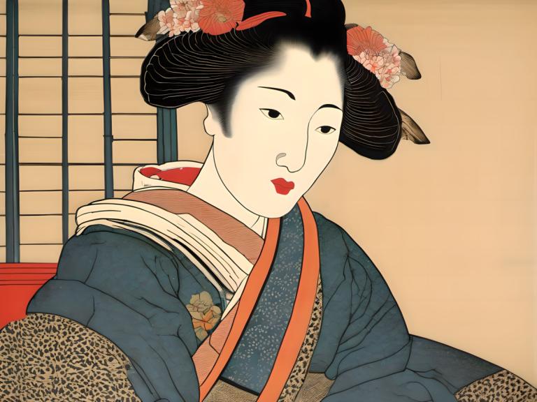 Ukiyo-E,Ukiyo-E, People, woman, 1girl, solo, japanese clothes, hair ornament, kimono, black hair, flower