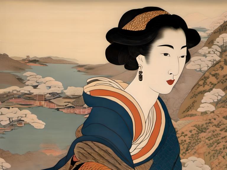 Ukiyo-E,Ukiyo-E, människor, kvinna, 1 tjej, solo, Smycken, örhängen, svart hår, konstparodi, svarta ögon