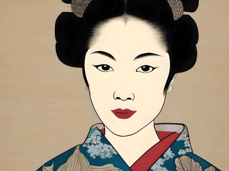 Ukiyo-E,Ukiyo-E, Gente, mujer, 1 chica, solo, ropa japonesa, kimono, pelo negro, mirando al espectador