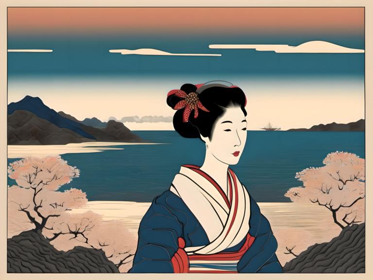 Ukiyo-E,Ukiyo-E, Menschen, Frau, 1Mädchen, Solo, japanische Kleidung, schwarzes Haar, Kimono, Haarverzierung