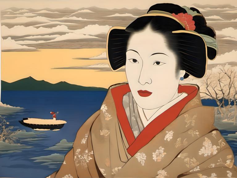 Ukiyo-E,Ukiyo-E, People, woman, watercraft, boat, fine art parody, 1girl, japanese clothes, parody, lipstick