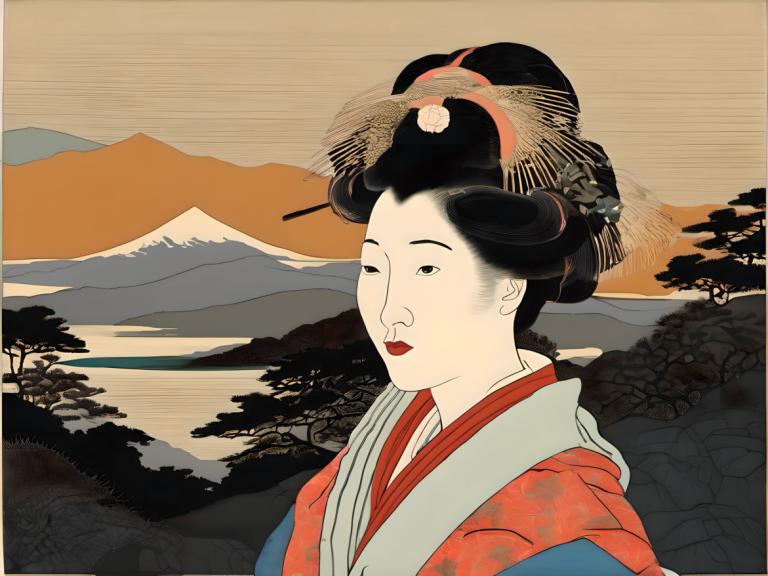 Ukiyo-E,Ukiyo-E, Lidé, žena, 1 dívka, sólo, japonské oblečení, černé vlasy, kimono, červené rty, rtěnka, hora