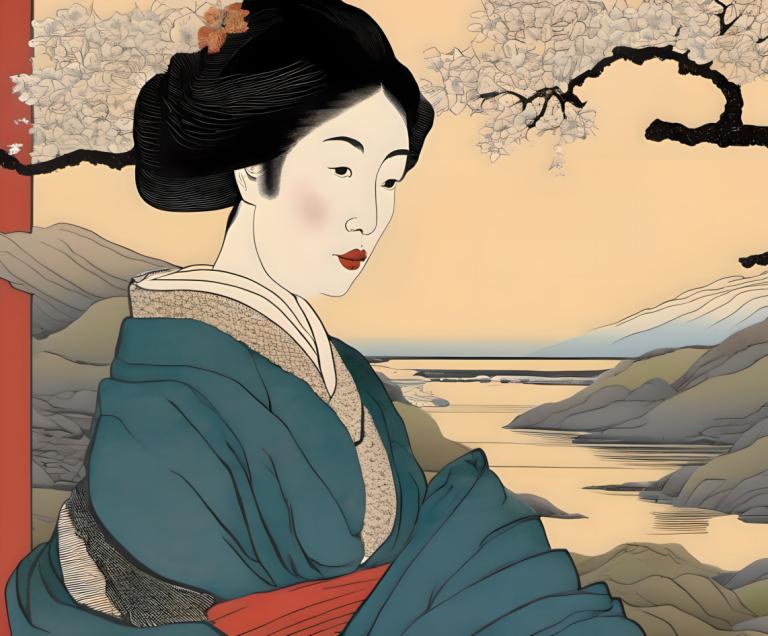 Ukiyo-E,Ukiyo-E, People, woman, 1girl, solo, japanese clothes, black hair, kimono, lipstick, fine art parody