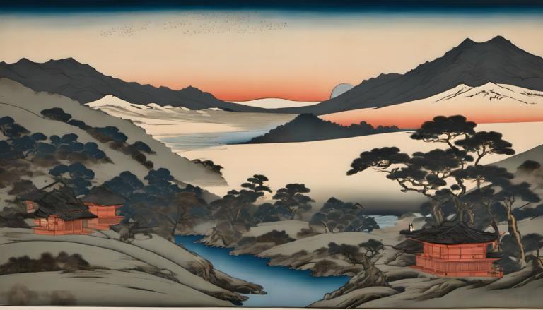 Ukiyo-E,Ukiyo-E, Nature, landscape, no humans, mountain, scenery, tree, outdoors, sky