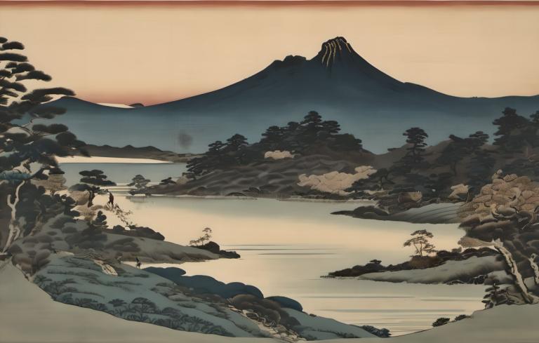 Ukiyo-E,Ukiyo-E, Nature, landscape, no humans, mountain, scenery, outdoors, tree, landscape, lake, nature