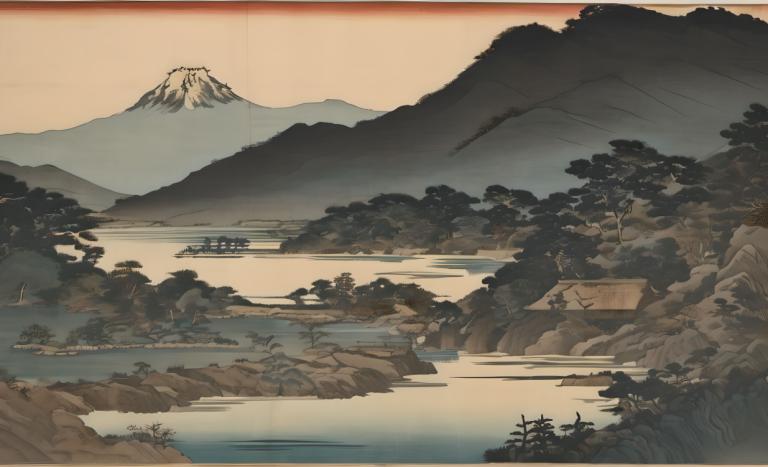 Ukiyo-E,Ukiyo-E, Nature, landscape, no humans, scenery, mountain, outdoors, river, tree, landscape, lake